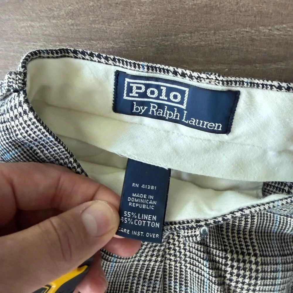 Polo Ralph Lauren Mens Glen Plaid Linen Cotton Pleated Cuffed Pants 35x26.5‎